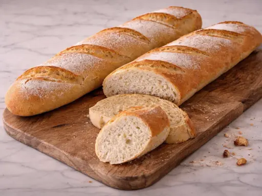 Deux baguettes dorées, l'une coupée en tranches, sur une planche en bois. Parfait pour une recette baguette croustillante et aérée.