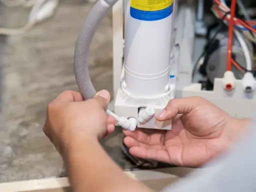 Mains d'un technicien connectant un tuyau à un système de filtration d'eau, peut-être pour résoudre un problème où le sel de mon adoucisseur ne fond pas.