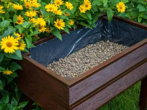 Wysoka donica z brązowego drewna, wyłożona czarną folią, wypełniona żwirem. Obok kwitną żółte kwiaty. Idealne rozwiązanie, co zamiast keramzytu do doniczki.