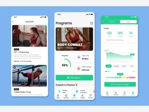 Aplikacja fitness iPhone z programami treningowymi, takimi jak Kickboxing i Body Combat, oraz śledzeniem wagi i postępów.