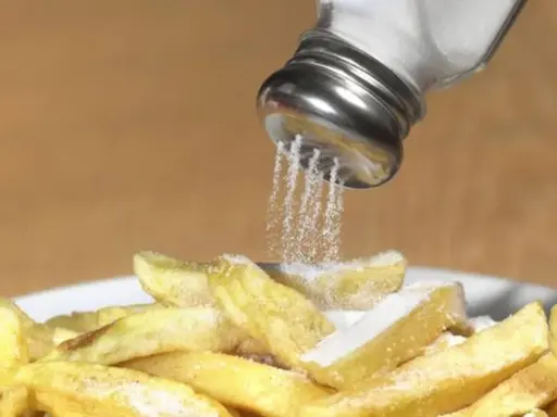 Salzstreuer rieselt Salz auf Pommes. Zu viel Salz essen kann zu Problemen führen.