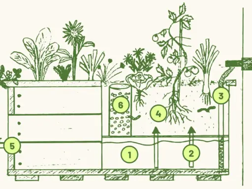 Schéma d'un bac de culture hors-sol, un "wicking bed", montrant le réservoir d'eau (1, 2), le trop-plein (3), les racines des plantes (4), le robinet de vidange (5) et le tube d'arrosage (6).