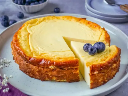 Ein köstlicher Quarkkuchen ohne Boden, mit Blaubeeren garniert, wartet darauf, genossen zu werden.