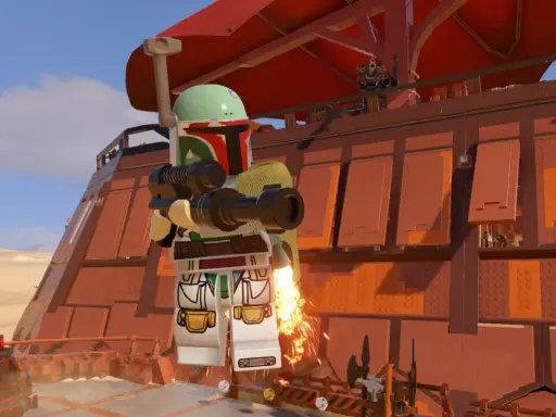 Boba Fett w grze Lego Star Wars: The Skywalker Saga, gotowy do akcji na pokładzie statku. Sprawdź lego star wars the skywalker saga wymagania!
