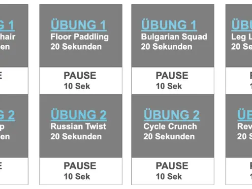 Tabata Workout Deutsch: Übungen wie Rocking Chair, Floor Paddling, Bulgarian Squad, Leg Lifts, Thumbs Up, Russian Twist, Cycle Crunch und Reverse Flys.