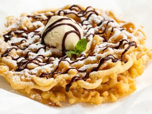 Pyszny funnel cake posypany cukrem pudrem, polany czekoladą i udekorowany gałką lodów waniliowych.