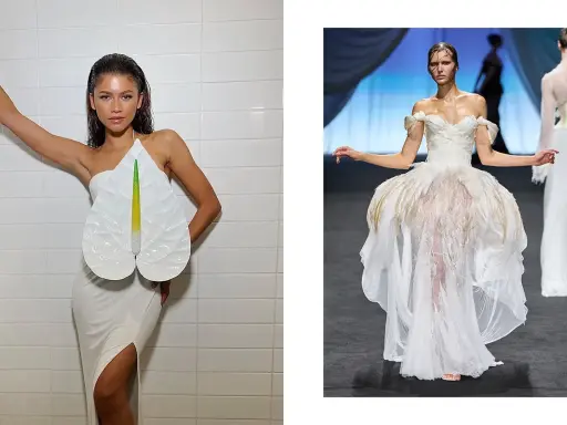Zendaya stuns in a unique white gown with a floral accent, and another model showcases a dramatic, feathered wedding dress.