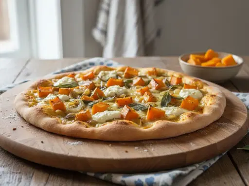 Pizza gourmande aux dés de courge, fromage frais et oignons caramélisés. Un délice automnal !