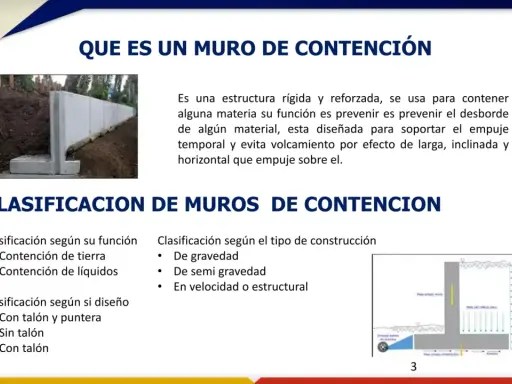 Muro de contención de hormigón que retiene tierra. Se explican clasificaciones de muros de contención.