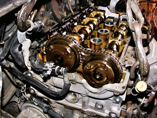 Wnętrze silnika Peugeot 1.6 THP z widocznym łańcuchem rozrządu i wałkami.