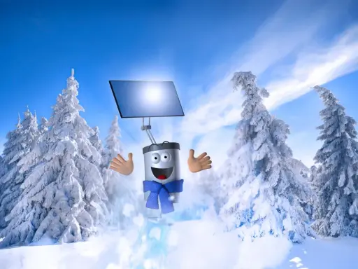 Un joyeux chauffe eau solaire, vêtu d'une écharpe bleue, vole dans un paysage hivernal enneigé, ses panneaux solaires captant la lumière du soleil.