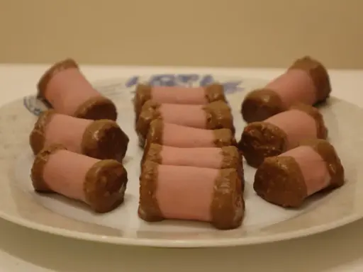 En tallrik med rosa marsipanbakelser doppade i choklad. Dessa små godsaker, som ser ut som en dammsugare i långpanna, är redo att avnjutas.