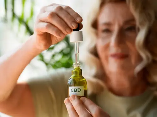 Kobieta trzyma buteleczkę z olejkiem CBD, szukając ukojenia od stresu.