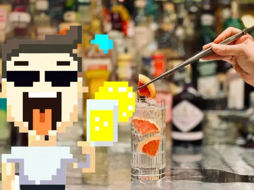Pixel-Mann freut sich auf seinen Gin Tonic. So trinkt man ihn: Eis, Grapefruit und Tonic Water.