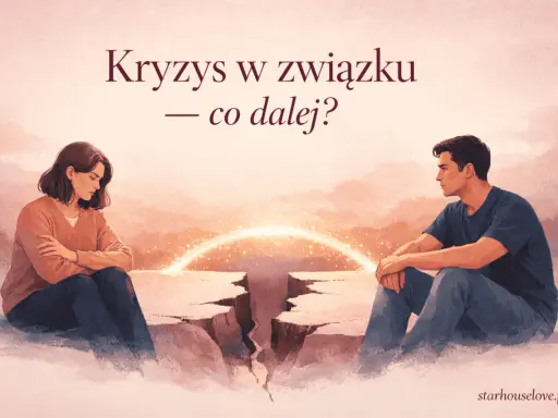 Para siedzi po przeciwnych stronach przepaści, symbolizującej niedopasowanie w związku. Nad nimi świetlisty łuk.