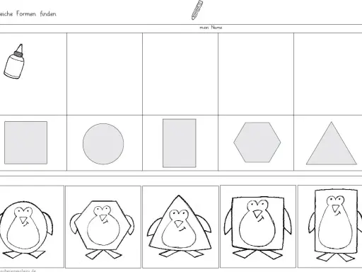 Arbeitsblatt: Formen lernen Kinder zum Ausdrücken. Finde die passenden Formen für die Pinguine. Quadrat, Kreis, Rechteck, Sechseck, Dreieck.