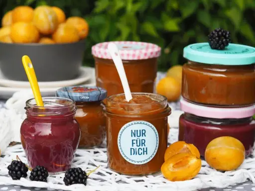 Marmelade ohne Gelierzucker haltbar machen: Mehrere Gläser mit selbstgemachter Marmelade, Früchten und Beeren.