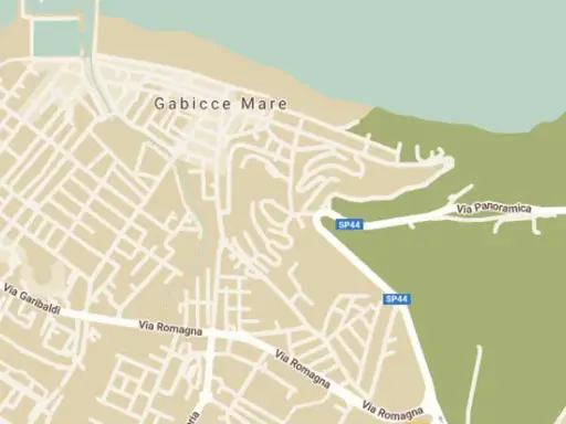 Cartina di Gabicce Mare e Cattolica, con strade, verde e il mare. Si vedono Gabicce Monte e Vigna del Mare.