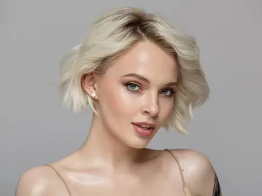Mujer joven con cabello rubio platino y piel clara, con pecas sutiles y ojos azules penetrantes.
