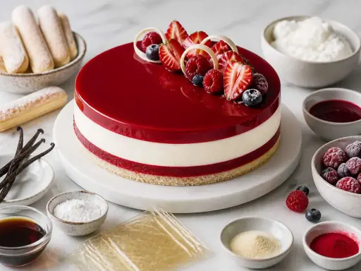 Gâteau glacé aux fruits rouges, avec des fraises, framboises et myrtilles. La décoration entremet fruit rouge est sublimée par un glaçage miroir éclatant.