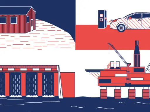 Norwegen: Ein Haus, ein E-Auto, ein Staudamm und eine Ölplattform – Symbole für Energie, von erneuerbaren Energien bis zur Förderung.