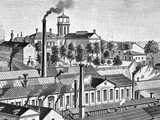 En illustration av en stad med många fabriker och skorstenar som ryker, en scen som speglar industrialiseringen i Sverige.