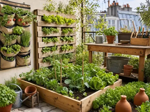 Un balcon luxuriant avec des fraises, des salades et des herbes aromatiques. Idéal pour savoir que faire pousser sur son balcon.
