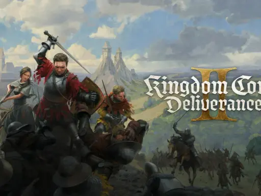 Bitwa w Kingdom Come: Deliverance II. Rycerze walczą mieczami i kuszą, a w tle widać zamek i kawalerię.