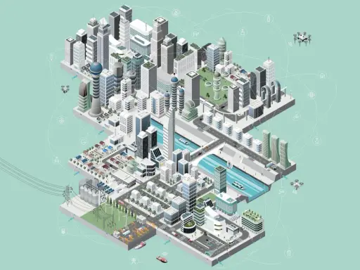 Darmstadt smart city: vernetzte Gebäude, autonome Fahrzeuge, Drohnen und erneuerbare Energien prägen die futuristische Stadtlandschaft.
