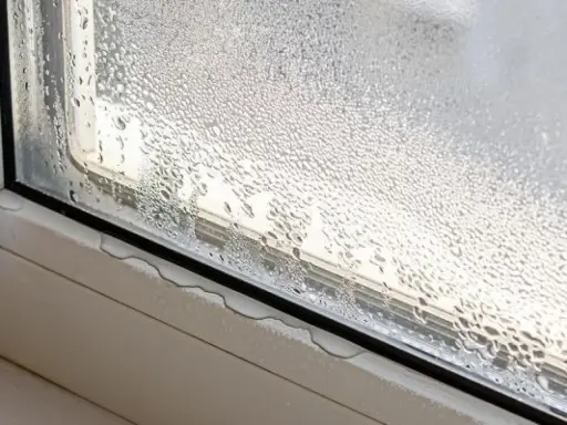 Ventana con gotas de agua, un problema común que impide la condensación de gotas en cristales.