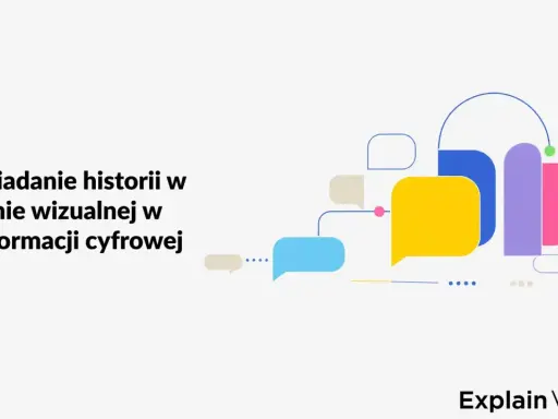 Opowiadanie historii w formie wizualnej w transformacji cyfrowej. Kolorowe dymki i kształty symbolizują komunikację i nowoczesne podejście do storytellingu.