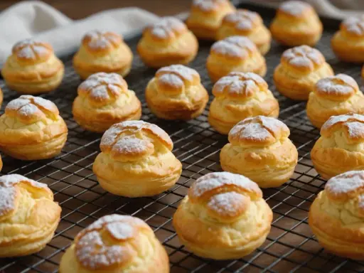 Une grille remplie de choux pâtissiers dorés, saupoudrés de sucre glace. Ils attendent d'être dégustés.