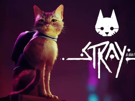 Kot z plecakiem na tle logo gry Stray. Ten kot to bohater gry, która jest dostępna w ramach Game Pass.