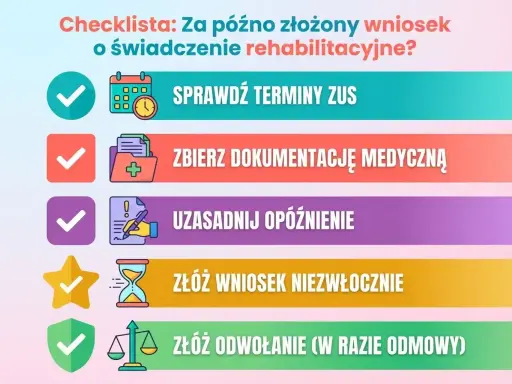 Checklista: Oczekiwanie na świadczenie rehabilitacyjne a zwolnienie lekarskie. Sprawdź terminy ZUS, zbierz dokumentację, uzasadnij opóźnienie, złóż wniosek i odwołanie.
