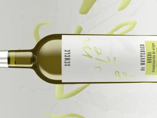 Botella de vino blanco Semele, un delicioso vino de Castilla y León, con etiqueta de Rueda, Denominación de Origen.