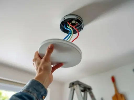 Installation d'un plafonnier : une main tient le cache, révélant le kit de fixation et les fils électriques colorés.