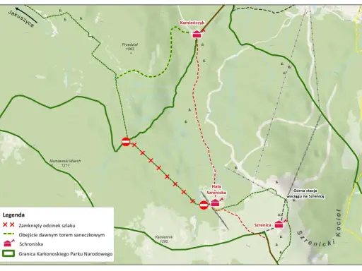 Mapa Karkonoszy: czerwone linie oznaczają zamknięte szlaki, zielone obwodnice. Czy szlaki w Karkonoszach są otwarte? Sprawdź mapę!