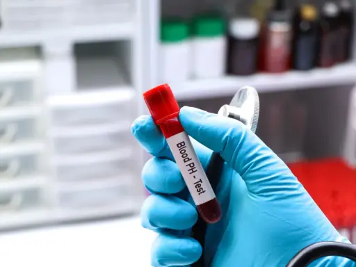 Ręka w niebieskiej rękawiczce trzyma probówkę z krwią do badania pH. Gazometria jest kluczowa w diagnostyce niewydolności nerek.