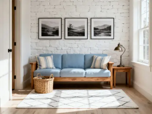 Un sofá azul claro es una excelente opción de color de sofá para paredes blancas, aportando serenidad y frescura a la estancia.