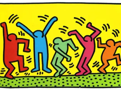 Keith Haring dancing figures meaning: vibrant, stylized figures in motion, embodying joy and unity.