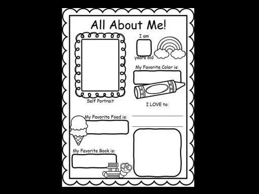 Scheda "All About Me" per la scuola primaria: spazio per autoritratto, età, colore preferito, cibo, libro e attività preferite.