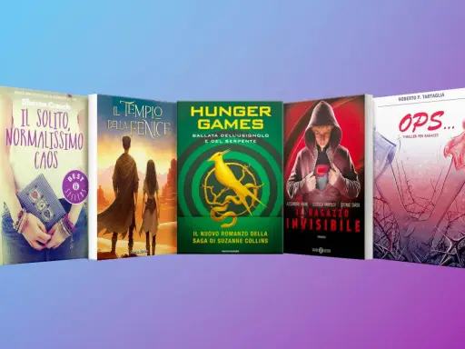Libri per ragazzi scuola media: "Il solito, normalissimo caos", "Il tempio della fenice", "Hunger Games", "Il ragazzo invisibile" e "Ops...".
