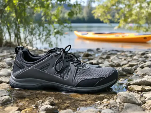 Szare buty sportowe na kamienistej plaży, idealne jako jakie buty na kajaki. W tle pomarańczowy kajak na wodzie.