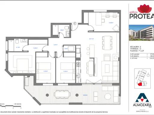Plano de vivienda con distribución de habitaciones y terraza. La orientación ideal para una casa en España es clave para el confort.