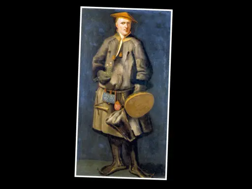 Porträtt av Carl von Linné i samisk dräkt, med en blombukett i handen.