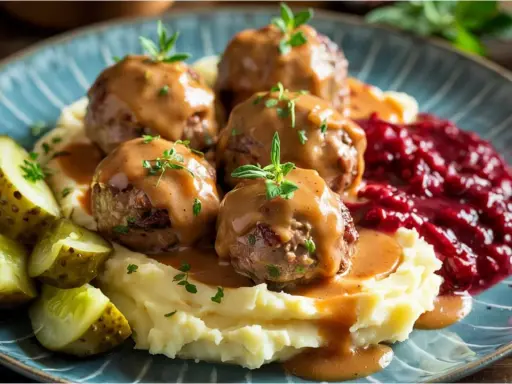 Pyszne szwedzkie jedzenie: klopsiki w sosie, puree ziemniaczane, pikle i żurawina.