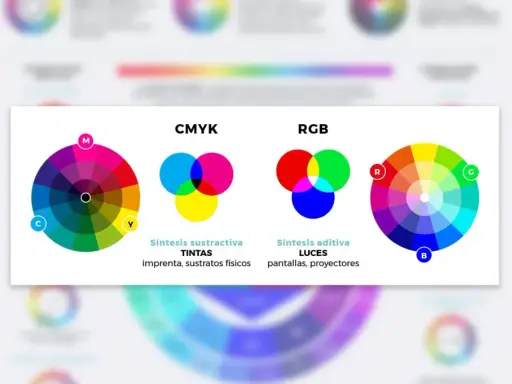 Comparación de los modelos de colores CMYK y RGB. El modelo RGB, con sus colores primarios rojo, verde y azul, se usa para pantallas y proyectores.