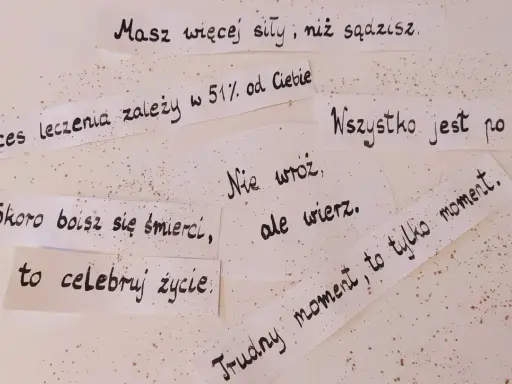 Cytaty dla chorych na raka: "Masz więcej siły, niż sądzisz", "Sukces leczenia zależy w 51% od Ciebie", "Wszystko jest po coś", "Skoro boisz się śmierci, to celebruj życie", "Nie wróć, ale wierz", "Trudny moment, to tylko moment".