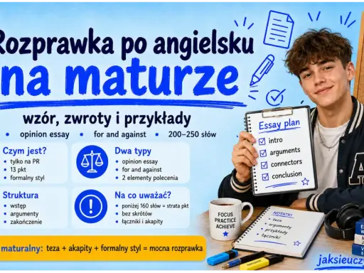 Chłopak prezentuje plan eseju typu opinion essay. Grafika zawiera wskazówki dotyczące struktury i typów rozprawki na maturze.