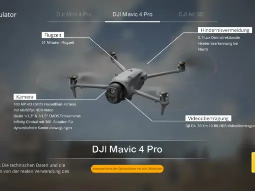 DJI Flugsimulator zeigt die DJI Mavic 4 Pro mit Details zu Flugzeit, Kamera und Hindernisvermeidung.